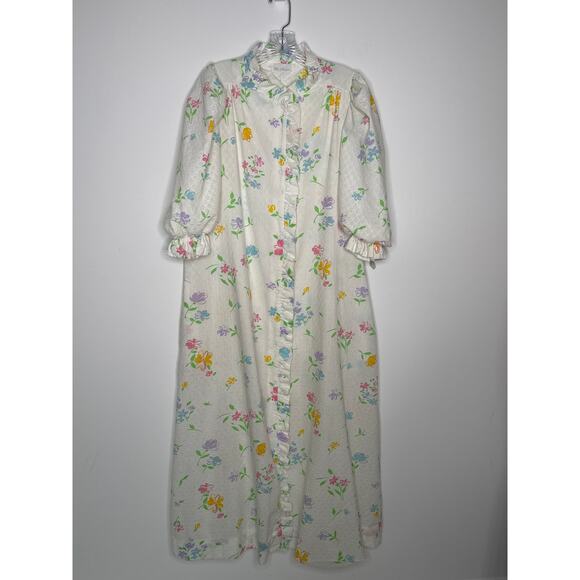 Vintage Miss Elaine Floral Seersucker Ruffle Housecoat Robe 70s 80s medium - Picture 14 of 16